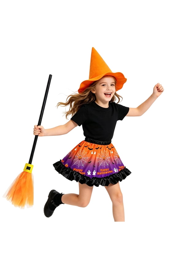 Girls 3-Piece Halloween Themed Tutu Skirt Set, Pumpkin Bat Print Skirt with Witch Hat Broom, Universal One Size Pretend Play Outfit For 3-14Y