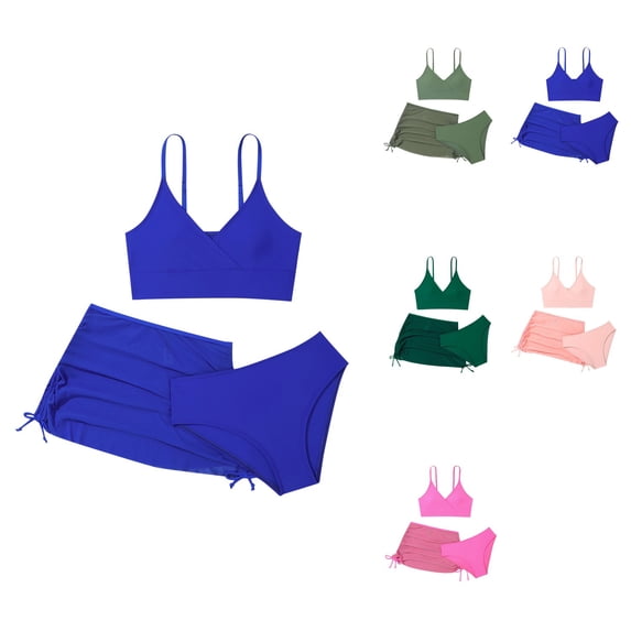 Girls' 3-Piece High-Waisted Spaghetti Strap Bikini Set with Ruched Cover-Up Beach Skirt