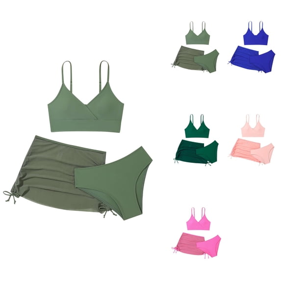 Girls' 3-Piece High-Waisted Spaghetti Strap Bikini Set with Ruched Cover-Up Beach Skirt
