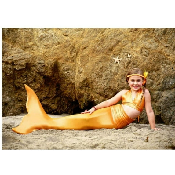 Girls' 3 Piece Mermaid Swimsuit - Orange - S