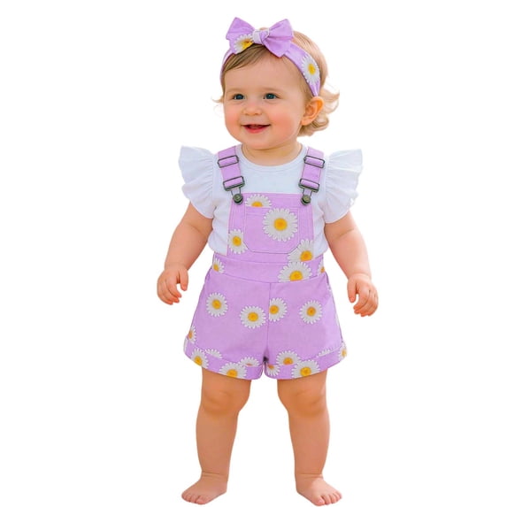 Girls 3 Piece Outfit Flutter Sleeve Daisy Sunflower Print Bodysuit Overalls and Headband Set Romper Clothing Set