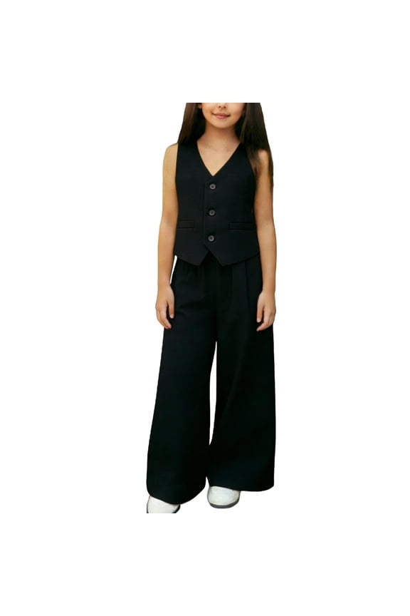 Girls 3 Piece Outfit Vest and Wide Leg Pants Set with Bow Tie Black Kids Girl Formal Wear Church Suit,Size 5-6T