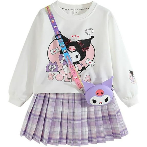 Girls 3 Piece Outfits Cartoon Crewneck Long Sleeve Pullover Sweatshirt + Plaid Pleated Mini Skirt + Bag Sets