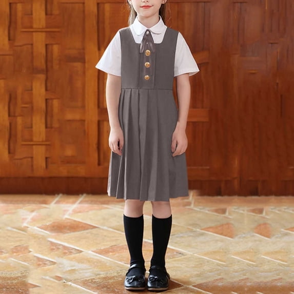 Girls 3 Piece Outfits Short Sleeve Button Down Lapel Shirt with Pleated A-Line Skirts Tie Cute Preppy Style Set Gray 4 5-6 Years