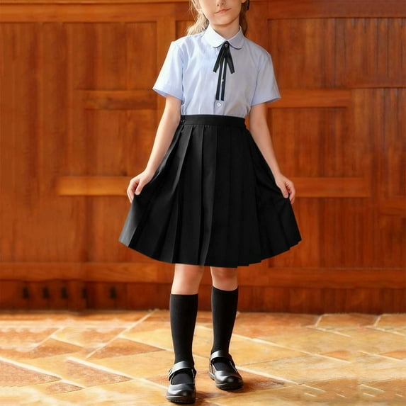 Girls 3 Piece Outfits Short Sleeve Button Down Lapel Shirt with Pleated A-Line Skirts Tie Cute Preppy Style Sets Black 2 3-4 Years