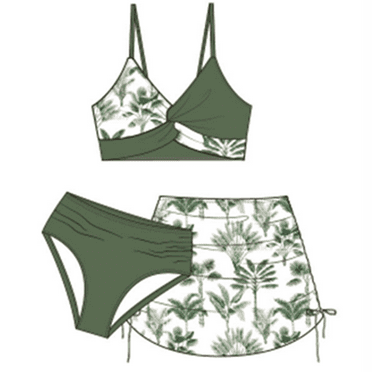Girls' 3 Piece Set Floral Print Bikini Swimsuit with Drawstring Beach Skirt Cute Ruched Bathing Suit Girls Swimwear 7-16 Years