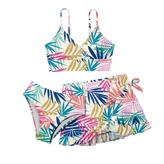 Girls' 3 Piece Set Floral Print Bikini Swimsuit with Drawstring Beach Skirt Cute Ruched Bathing Suit,Pink