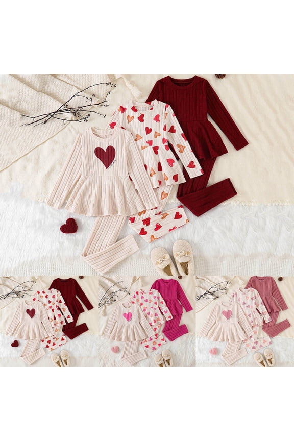 Girls 3 Piece Set Solid Coloured Heart Printed Long Sleeved Round Neck Top With Fitted Trousers Hot Pink 3 Y-4 Y