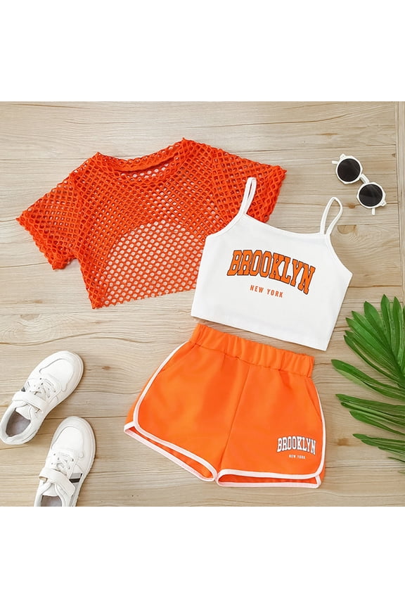 Girls' 3-Piece Summer Outfit Set, Mesh Short Sleeve Top + "Brooklyn" Print Camisole + Casual Shorts, Breathable Kids' Playwear, 7 Colors Sizes 5-14Y
