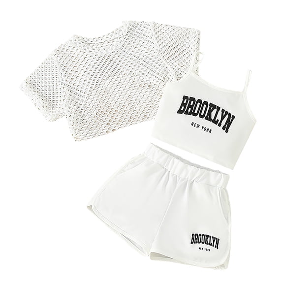 Girls 3-Piece Summer Outfit Set, Sleeveless Top & Shorts Combo for Ages 8-14,White,160/14Y
