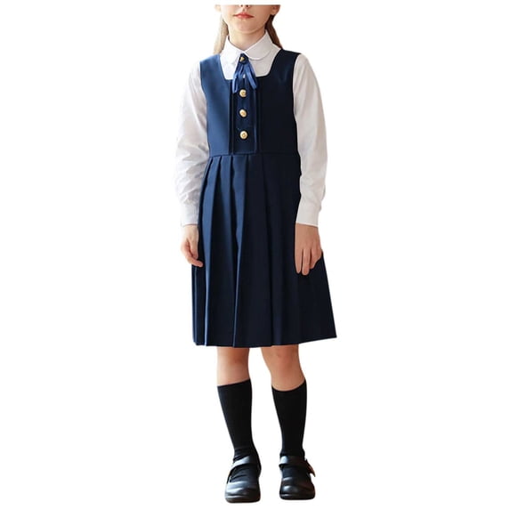 Girls 3 Piece Summer Set Lapel Button Down Short Sleeve Shirts Pleated Skirts With Tie Preppy Style Trendy Outfits (12-13 Years, Navy-E)
