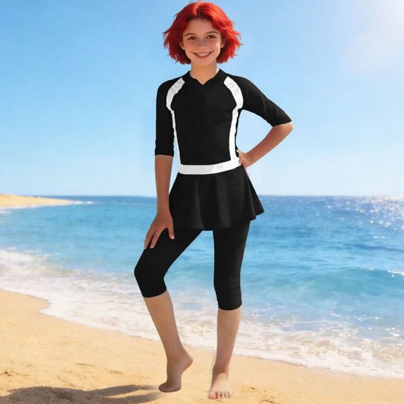 Girls 3 Piece Swim Set Long Sleeve Zip Rash Guard, Swim Leggings & Detachable Skirt UPF 50+ Black,Size 3-4T