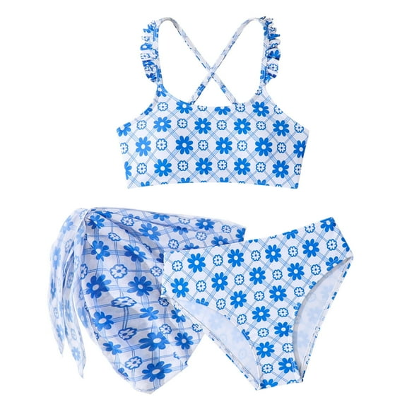 Girls 3 Piece Swimsuit Bathing Suit Printed Beach Bikini Sets Strap Sport Bathing Suits,Z3-Sky Blue,10-11 Years