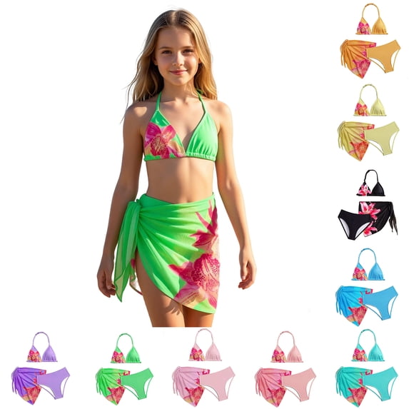 Girls 3 Piece Swimsuit Floral Print Backless Halter Neck Beach Swimwear Swimsuits for Girls Size 7-12 Years