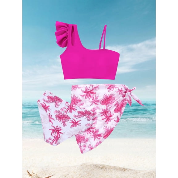 Girls 3 Piece Swimsuit Set One Shoulder Ruffle Bikini with Bottom and Cover Up Skirt, Big Girls Bathing Suit for 9-16 Years