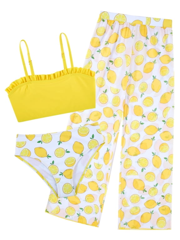 Girls 3 Piece Swimsuit Set Quick Dry Bikini with Cover Up Pants Kids Bathing Suit for 6-16T Summer Beach Vacation Swimwear