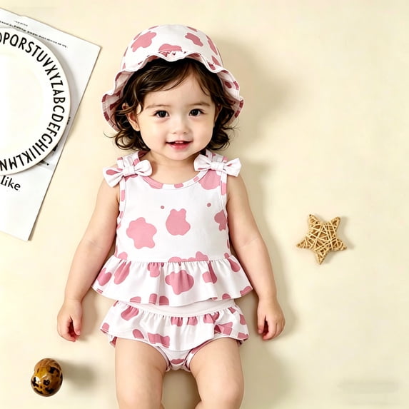 Girls 3-Piece Swimsuit Set, Sleeveless Ruffle Hem Tankini with Bow Details Matching Sun Hat, Cute Cherry Cow Print Swimwear for Beach Pool(Light Pink,2-3 Years)