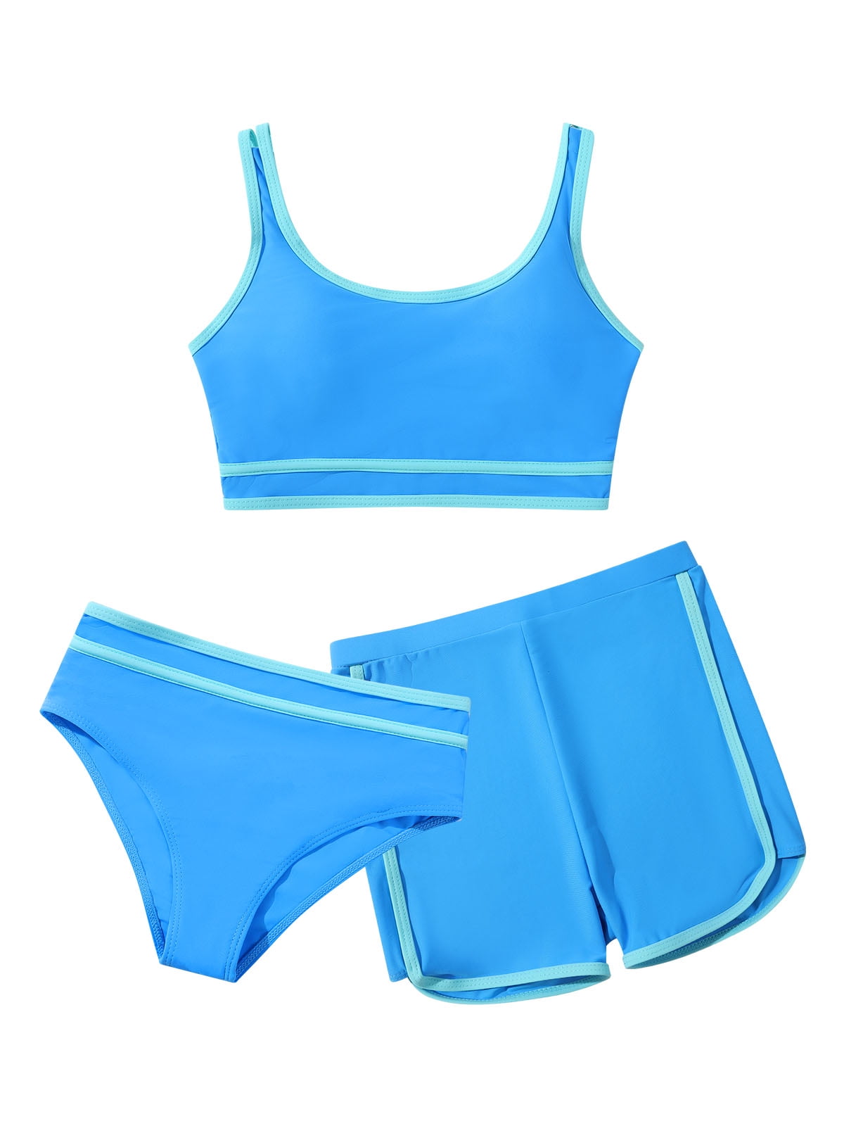 Girls Swimwear,Girl's 3 Piece Solid Color High Waist Bikini Set 6-13 Years Swimsuit With Shorts