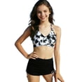 thumbnail image 1 of Girls 3 Piece Swimsuit Spaghetti Strap Criss Cross V Neck Tie Dye Print Halter Thong With Skirts Stretchy Bathing Suit (3-4Years, Black), 1 of 6