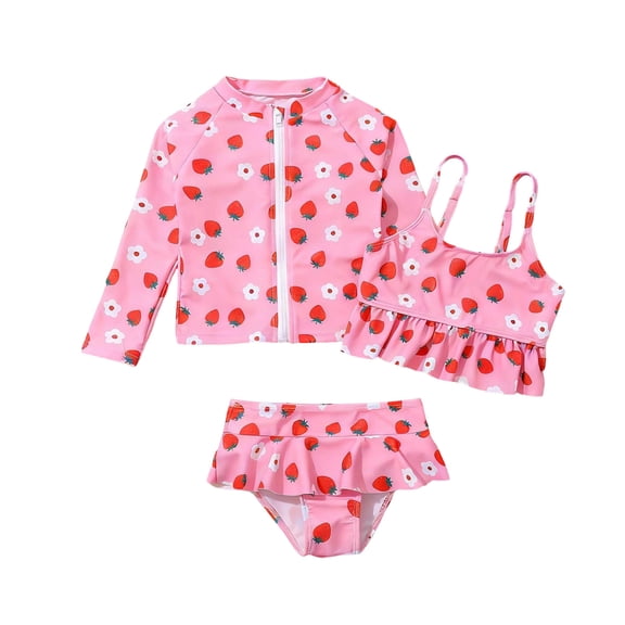 Girls 3 Piece Swimsuits Set Long Sleeve Rash Guard Tiered Ruffled Swimwear and Bikini Shorts Swim Suit for Summer