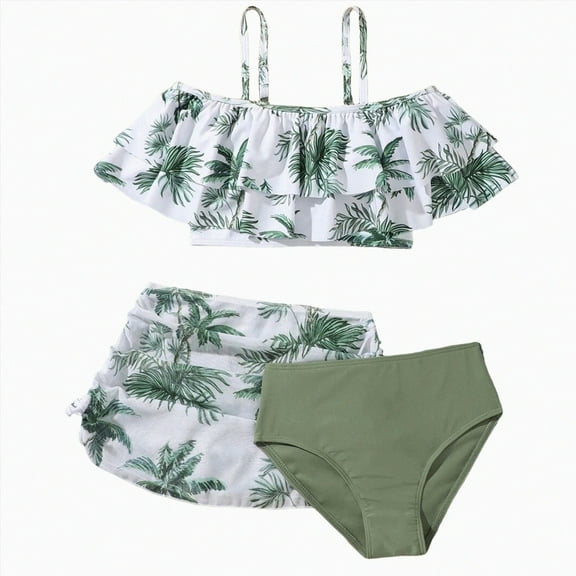 Girls 3 Piece Swimsuits with Skirts Ribbed Spaghetti Strap Bikini Sets Swim Bathing Suit for Teen Girls