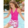 thumbnail image 1 of Girls 3 Piece Tankini Swimsuit Set Teens Criss Cross Ruched Tankini Sets with Printed Shorts Bathing Suits for Girls Swim 9-16 Years, 1 of 7