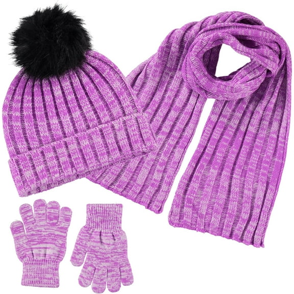 Girls 3-Piece Winter Hat, Scarf & Glove Set – Cozy Knit Beanie Accessories for Kids – Warm Cold Weather Gear