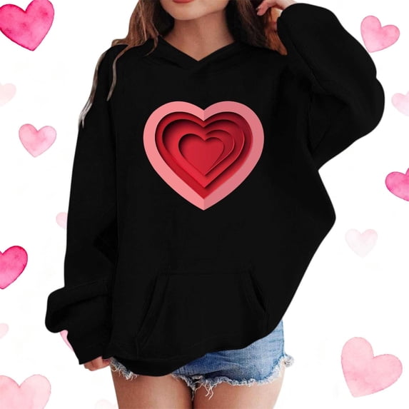 Girls 3D Heart Hoodie Oversized Valentine's Day Cute Graphic Pullover Sweatshirt for Kids,Size 11-12 T