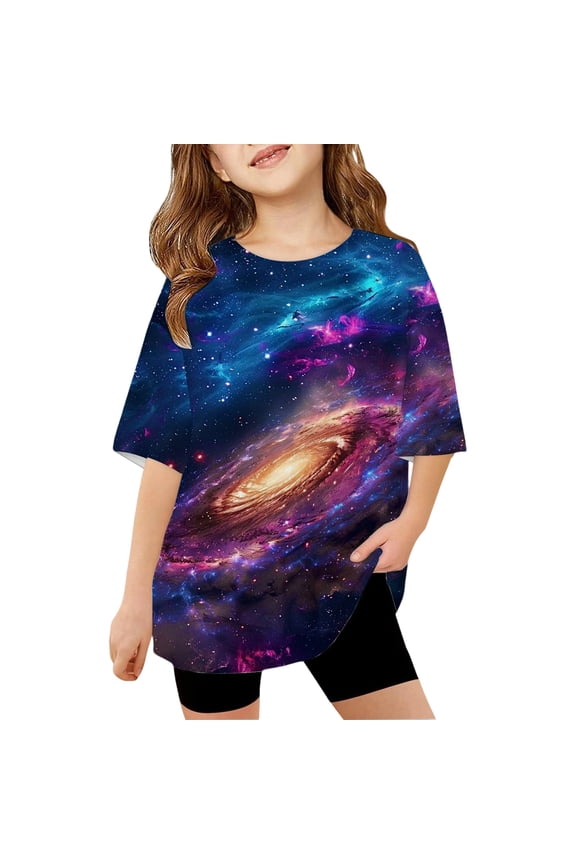 Girls' 3D Starry Sky Print Blue Yellow T Shirt Loose Fit Short Sleeve Sports Top Blue 2 Y-3 Y