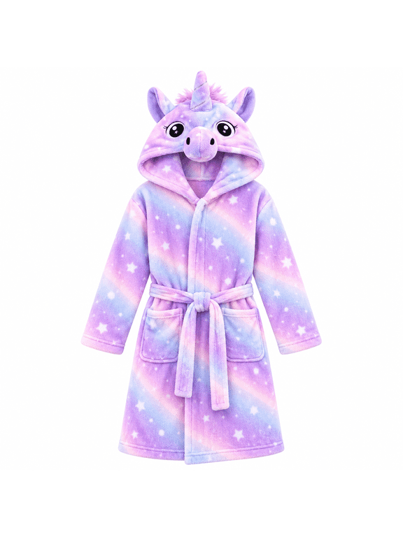 Girls 3D Unicorn Hooded Coral Fleece Bathrobe, Soft Plush Kids Robe with Belt and Pockets, Warm Cozy Housecoat Ages 3-12