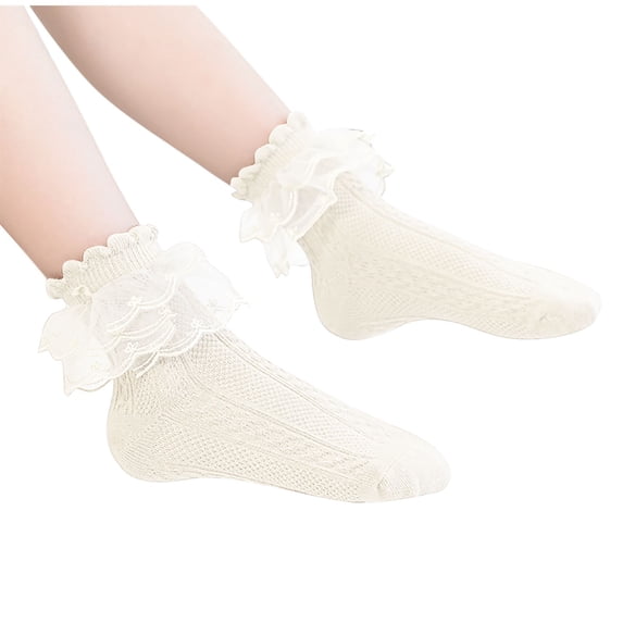 Girls' 3PC Ruffle Socks Cotton Breathable Cute Dress Socks Mesh Soft Mid-Calf School Uniform Socks Footwear 1-15Y
