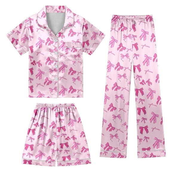 Girls 3Pcs Pajamas Button-Down Pjs Short Sleeve Top Shorts & Long Pants Cute HeartValentine's Day Pajama Outfit with Pockets Nightwear Loungewear for 4t-15years Nighty for Teens