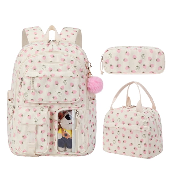Girls 3Pcs School Backpack Bundle, Multi-compartment Corduroy Student Bookbag with Matching Lunch Tote & Pencil Pouch, Cute Printed Daypack for Elementary Middle School