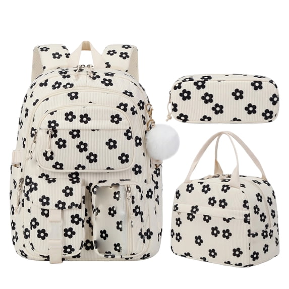 Girls 3Pcs School Backpack Bundle, Multi-compartment Corduroy Student Bookbag with Matching Lunch Tote & Pencil Pouch, Cute Printed Daypack for Elementary Middle School
