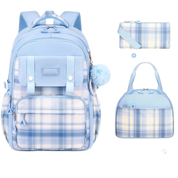 Girls 3Pcs School Backpack Bundle, Water Resistant Plaid Casual Daypack with Lunch Bag and Pencil Pouch, Adjustable Strap Cute Student Bookbag for Kids Teens Back to School