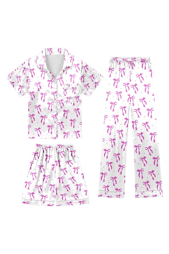 Girls 3pc Pajama Set Button Down Pjs Short Sleeve Top Shorts & Long Pants Bow Valentine's Day Pajama Sets Silky Nightwear Nighty for Teens