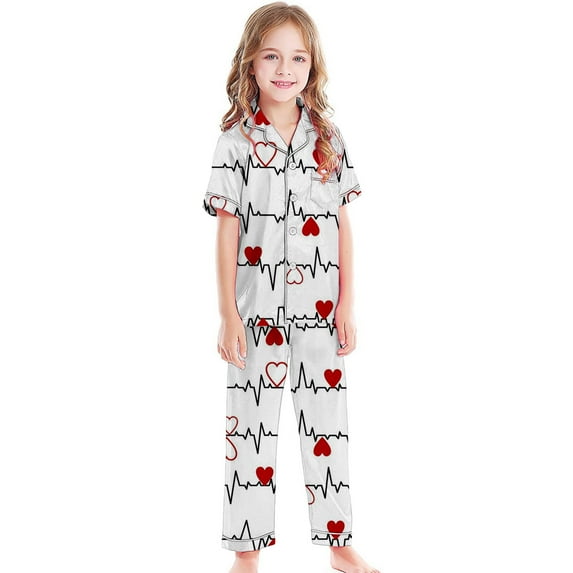 Girls 3pc Pajama Set Button Down Pjs Short Sleeve Long Pants with Shorts Bow Valentine's Day Pajama Outfit with Pockets Nightwear Loungewear for 4t-15years Sleepwear Nighty