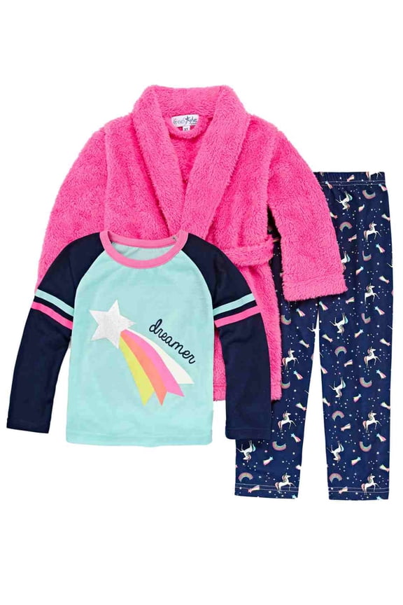 Girls 3pc Plush Pink & Blue Unicorn & Rainbow Dreamer Pajamas & Robe Set 5