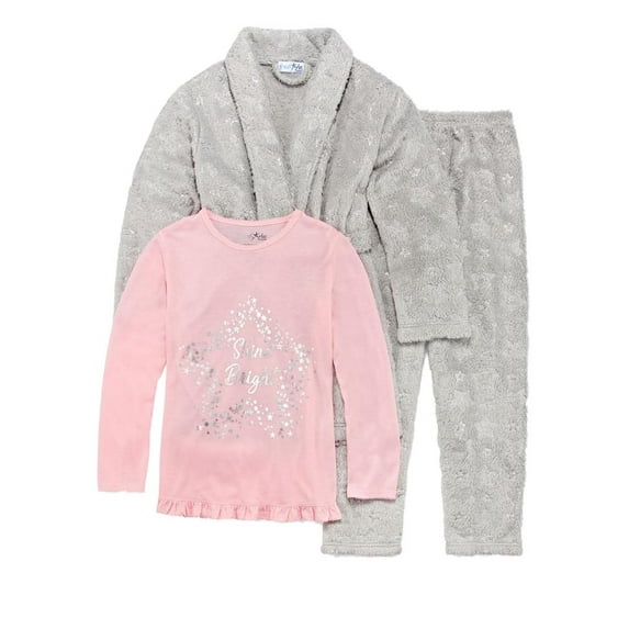 Girls 3pc Plush Pink & Gray Shine Bright Pajamas & Bath Robe House Coat Set 4