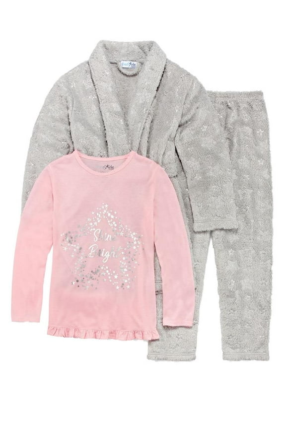 Girls 3pc Plush Pink & Gray Shine Bright Pajamas & Bath Robe House Coat Set 5