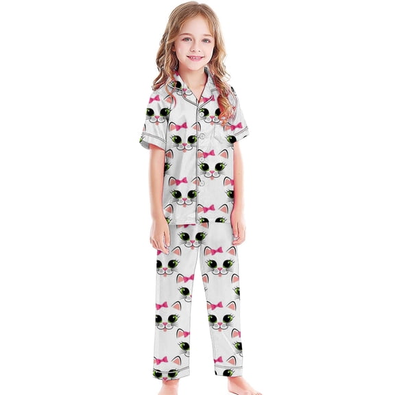 Girls 3pcs Pajamas Sleepwear for Toddler Button-Down Pjs Short Sleeve Top Shorts & Long Pants Bow Valentine's Day Pajama Sets Loung Sets Silk Nightwear 3pcs Sleepwear