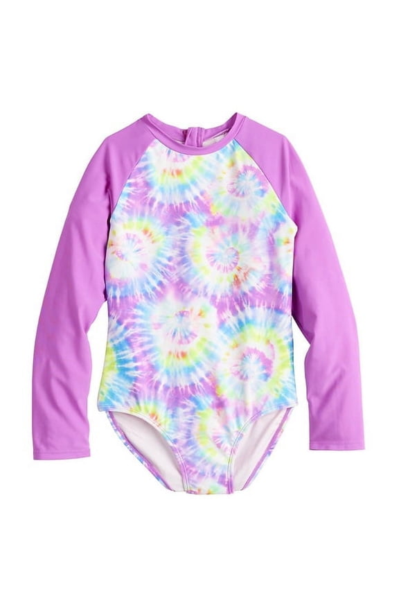 Girls 4-16 SO Island Dayz One-Piece Swimsuit Rashguard Purple Tie Dye UPF 50+ 4/5