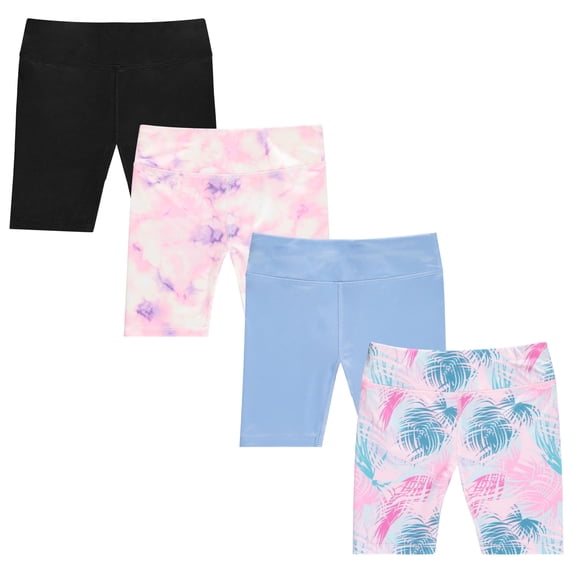 Girls 4 Pack Bike Shorts Stretchy, Soft High Waist Athletic Shorts for Kids with Fun Prints Colors Ideal for Dance, Play, Biking, or Everyday Wear (Sizes 4-14)