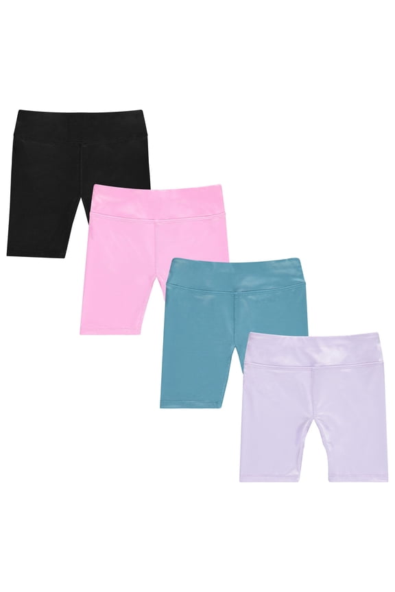 Girls 4 Pack Bike Shorts Stretchy, Soft High Waist Athletic Shorts for Kids with Fun Prints Colors Ideal for Dance, Play, Biking, or Everyday Wear (Sizes 4-14)