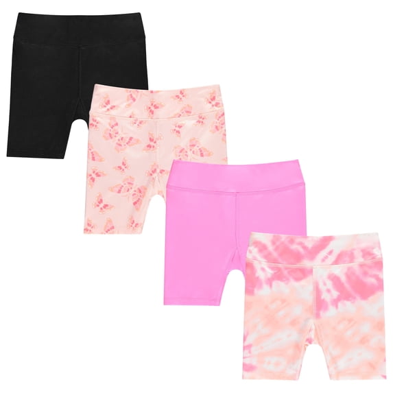 Girls 4 Pack Bike Shorts Stretchy, Soft High Waist Athletic Shorts for Kids with Fun Prints Colors Ideal for Dance, Play, Biking, or Everyday Wear (Sizes 4-14)