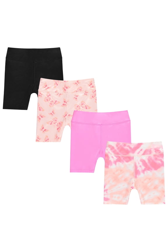 Girls 4 Pack Bike Shorts Stretchy, Soft High Waist Athletic Shorts for Kids with Fun Prints Colors Ideal for Dance, Play, Biking, or Everyday Wear (Sizes 4-14)