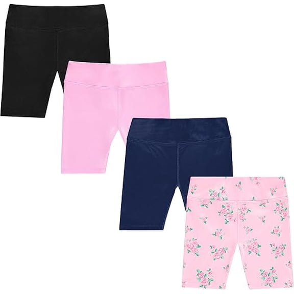 Girls 4 Pack Bike Shorts Stretchy, Soft High Waist Athletic Shorts for Kids with Fun Prints Colors Ideal for Dance, Play, Biking, or Everyday Wear (Sizes 4-14)