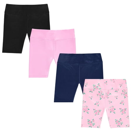 Girls 4 Pack Bike Shorts Stretchy, Soft High Waist Athletic Shorts for Kids with Fun Prints Colors Ideal for Dance, Play, Biking, or Everyday Wear (Sizes 4-14)