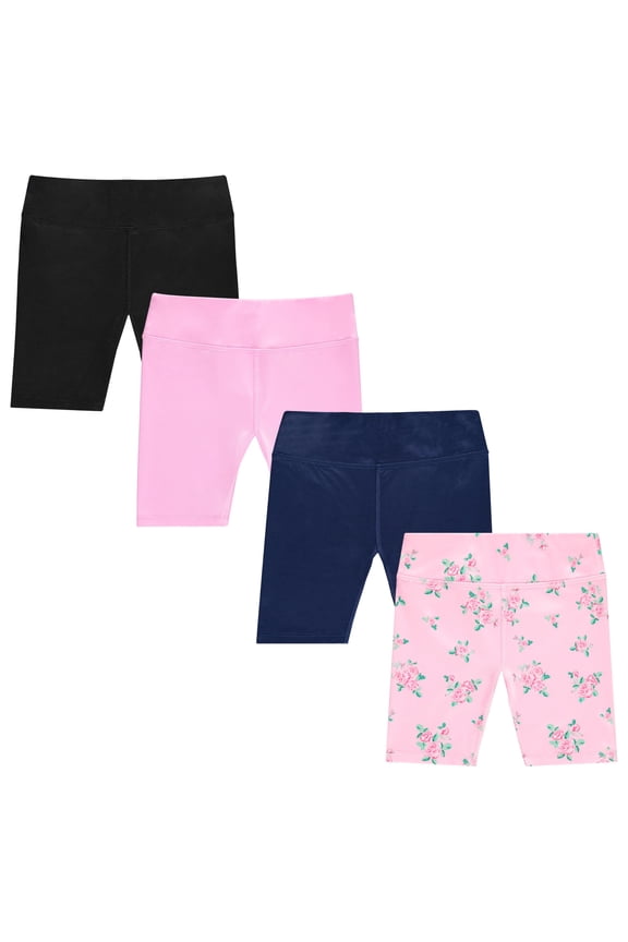 Girls 4 Pack Bike Shorts Stretchy, Soft High Waist Athletic Shorts for Kids with Fun Prints Colors Ideal for Dance, Play, Biking, or Everyday Wear (Sizes 4-14)