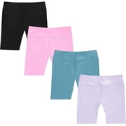 Girls 4 Pack Bike Shorts Stretchy, Soft High Waist Athletic Shorts for Kids with Fun Prints Colors Ideal for Dance, Play, Biking, or Everyday Wear Sizes 4-14